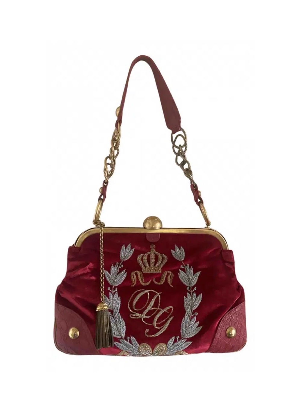 Dolce & Gabbana Red Velvet Embroidered Top-Handle Bag with Gold Hardware - Picture 4 of 5
